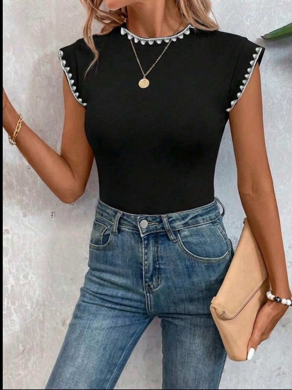 SHEIN Black Bodysuit with White Embroidered Trim